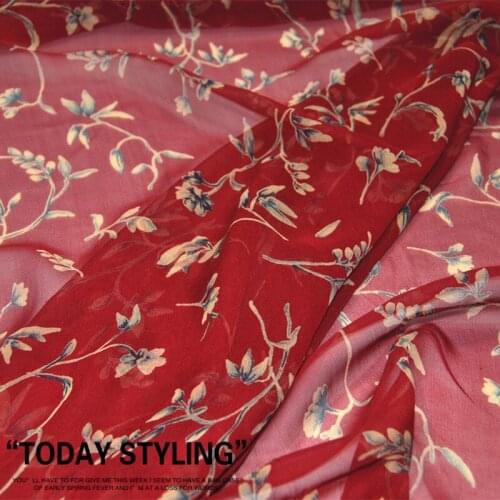 Silk Georgette Chiffon Fabric Dress Dark Red Beige Flower Clothing DIY Patchwork Tissue