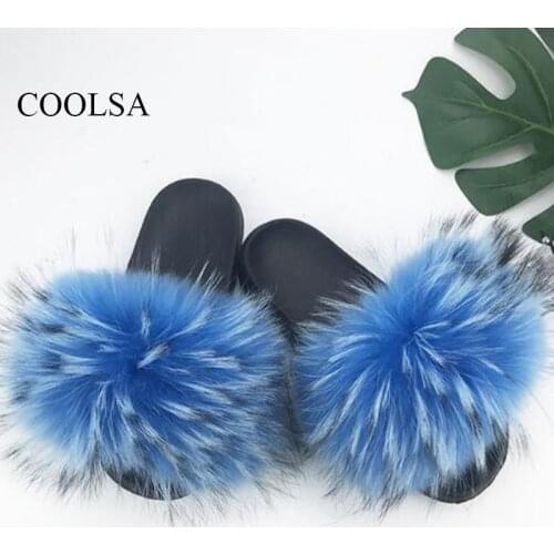 Fashion Womens Fluffy Fur Slippers Real Furry Fox Hair Slides Ladies Cute Plush Beach Flip Flops Indoor Flat Shoes Plus Shoes