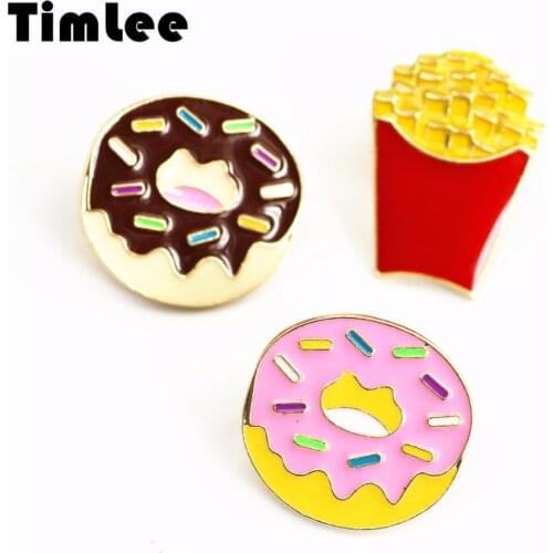Timlee X285 Cartoon Snacks Doughnut French Fries Popcorn Metal Brooch Pins Gift Wholesale