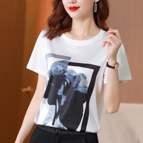 2021Women T-shirt Summer New Womens O-Neck Short Sleeve Print Patchwork Satin Short Sleeve T-Shirt White plus size