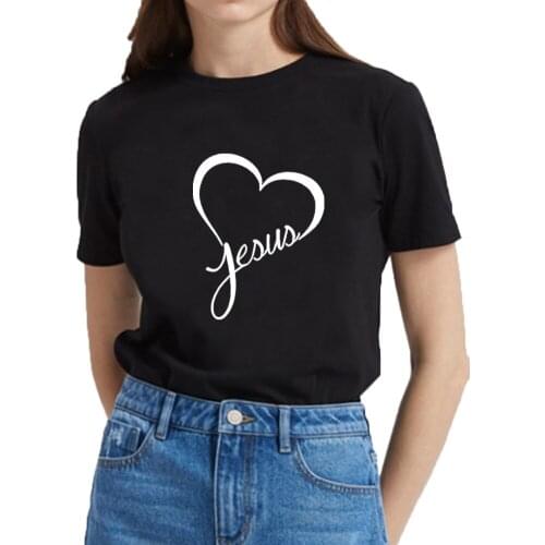 Heart Love Jesus Graphic Tee Women Summer Short Sleeve O-neck Cotton T Shirts for Women Loose Black White Tee Shirt Femme Top