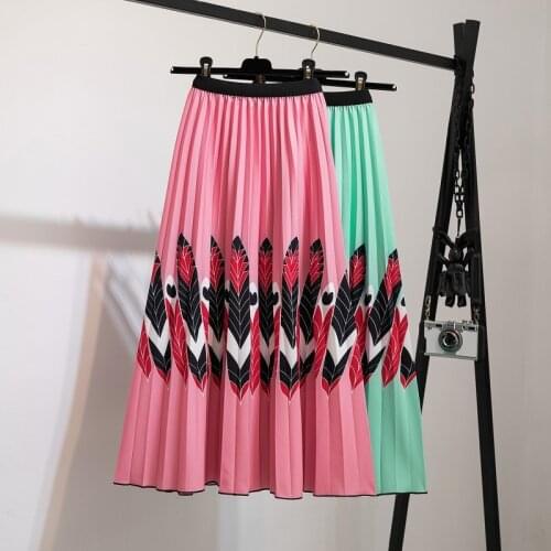 Pleated Skirt Women Print Empire Elastic Women Skirt Big Swing Party Holiday high waist skirt Pleated Casual