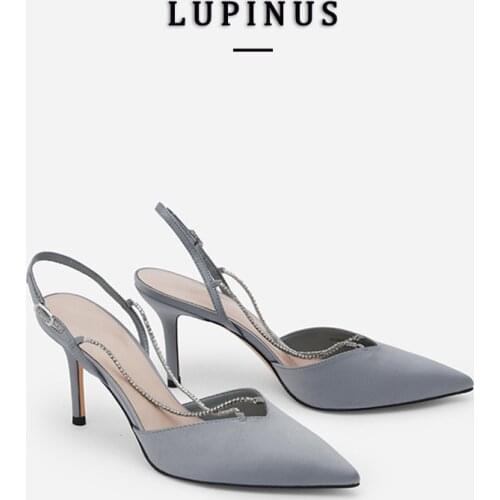 Rhinestone Chain Design High Heels Women Pointed Toe Slingback Buckle Sandals Women Conceise Fashion Party Dress Shoes 2021 New