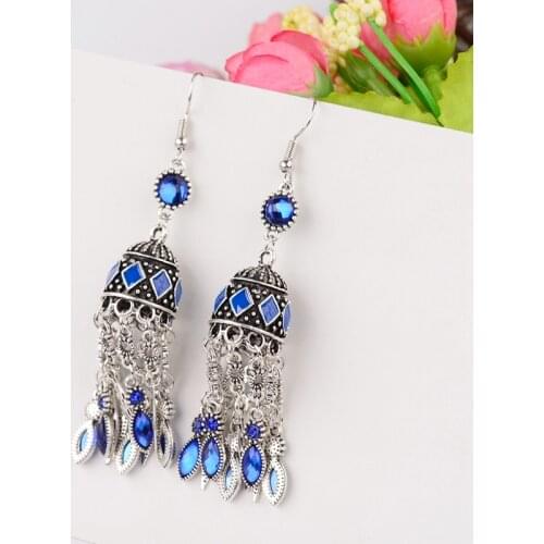 DOUVEI Vintage Blue Rhinestone Jhumka Earrings For Women Bohemia Beaded Tassel Earrings Oorbellen Egypt Gypsy Thailand HXE088