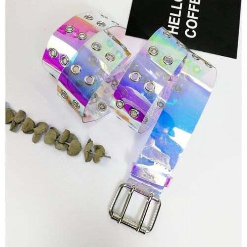 Women Two Row PVC Clear Belt Punk Rivet Pin Buckle Waist Resin Plastic PVC Trouser Jeans Transparent Belts Ladies Jeans