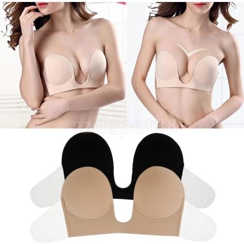 Women Ladies Invisible Push Up Bra Strapless Bra Sticky Self-adhesive Silicone Deep U Plunge Backless Bras