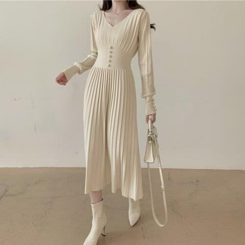 Korean Knitted V-neck Long Dress Women Full Sleeve Buttons High Stretch A-line Dresses Elegant Solid Fashion Female Vestido 2021