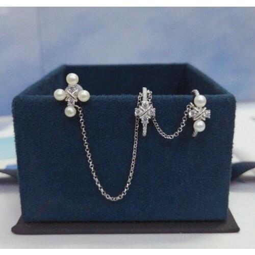 SLJELY Fashion Real 925 Sterling Silver Mono Cross Chain Ear Bone Cuff with Pearl AAA Zirconia 1PC for Women Fine Brand Jewelry