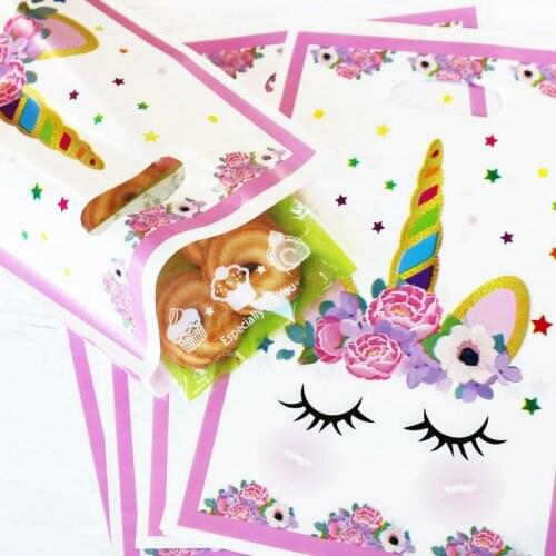 20pcs Unicorn Plastic Bag Rainbow Stars Pink Gift Loot Bags Cookies Candy Packing Bag Unicorn Party Decoration Gift Plastic Bags