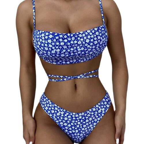 2021 New Sexy Blue Flower Print Brazilian Bikini Women Swimwear Female Swimsuit Two Piece Set Bathing Suit