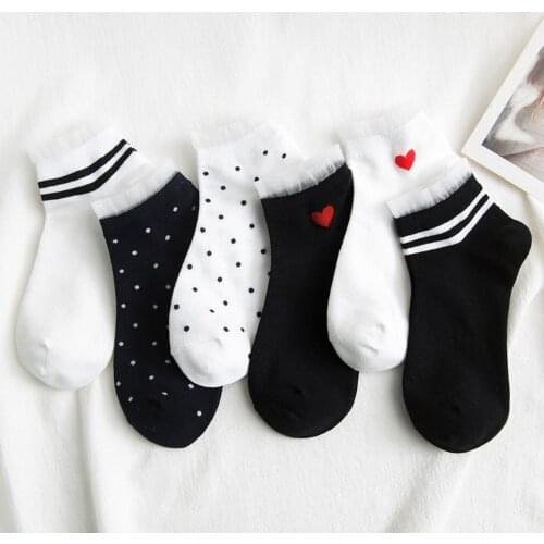 3 Pairs/Lot Fashion Lace Women Socks Ladies Mesh Breathable Cotton Short Socks White Black Striped Invisible Girl’s Boat Socks