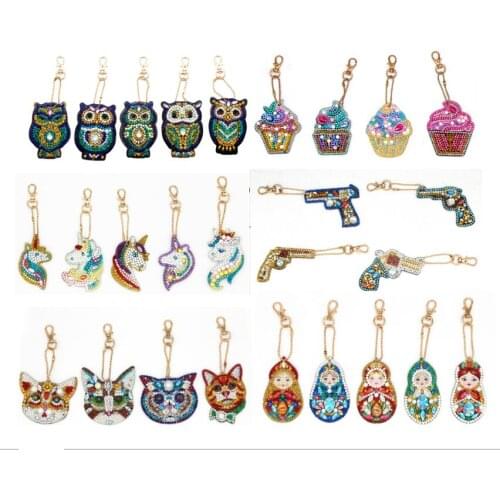 4/5/6pcs Key Ring Special Shaped Diamond Pendant Painting Cartoon Owl Heart Women Bag