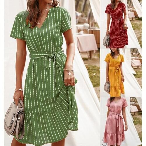 Elegant Summer Ladies Stripe Printing Simple Dress 5 Colors Women Dress Ruffle Hem for Party