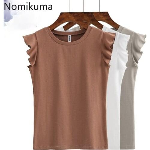 Nomikuma Summer New Korean O Neck T Shirts Women Solid Color Ruffle Casual Basic Tshirts Fashion Trend All-match Tops Camisetas