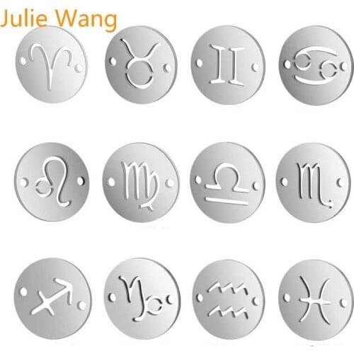 Julie Wang 5PCS 12 Constellations Zodiac Connectors Stainless Steel Fashion Necklace Bracelet Finding Jewelry Making Accessory
