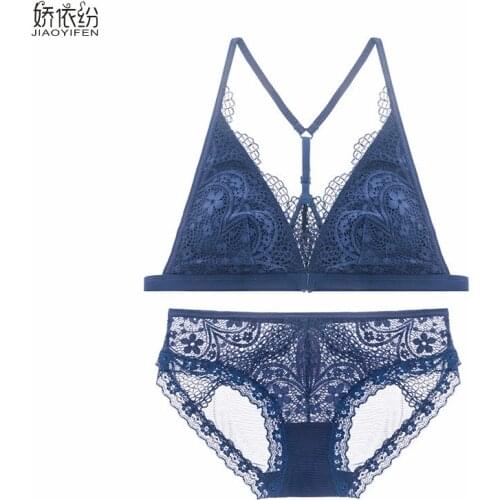 JYF Full Triangle Lace Lingerie Set Sexy Ultra Thin Women Elegant Underwear Front Closure Lace Bra Y-line Straps Bra Brief Sets