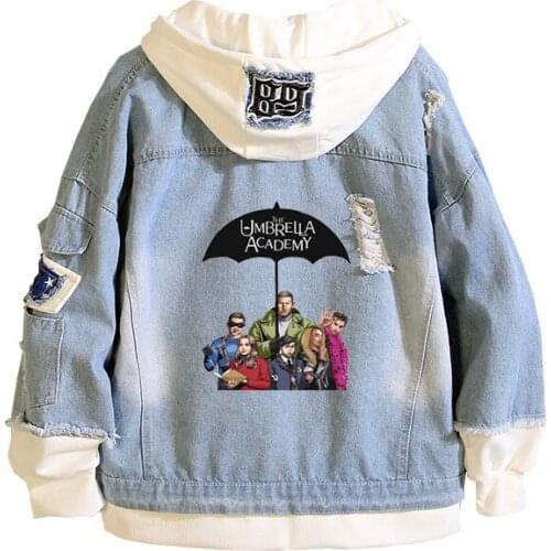 The Umbrella academy Spring Autumn Jeans Coat Mens Slim Fit Jacket Mens Hooded Jean Streetwear Male Casual Loose Outerwear