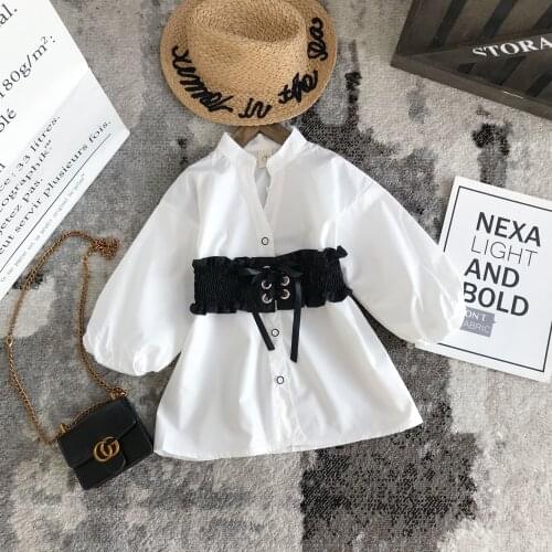 Fashion Korean Loose Little Girls Long Sleeve Shirt Belt Set Blouse Cute White Long Tops Autumn Children Costume 2y-9y