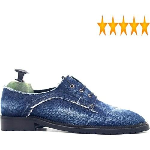 Cargo Vintage Mens Hole Ripped Washed Denim Formal Man Lace Up Round Toe New Fashion Harajuku Business Work Office Shoes