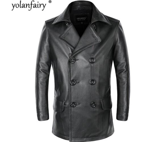 100% Genuine Leather Jacket Men Cowhide Autumn Winter Coats Double-breasted Cow Leather Trench Coat Plus Size Men Clothing KJ