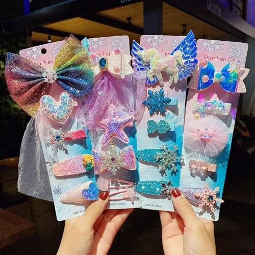 5pcs/set Cartoon Children Snowflake Sequins Princess Head Jewelry Rhinestone Bow Head Rope Girls Hair Accessories Hairpin Set