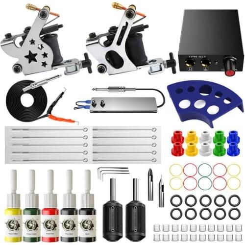 Complete Coils Tattoo Machine Set For Beginners With Inks Grips Cartridge Needles Tattoo Machine Gun Kit Power Supply