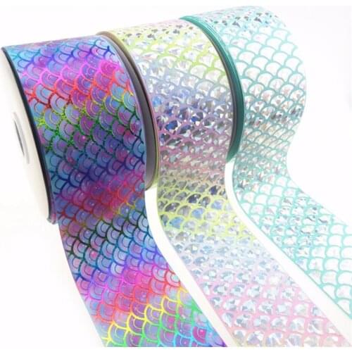 Wholesale 100Y/lot 75mm 3" holographic silver fish scale hologram grosgrain ribbon DIY handmade material welcome custom order