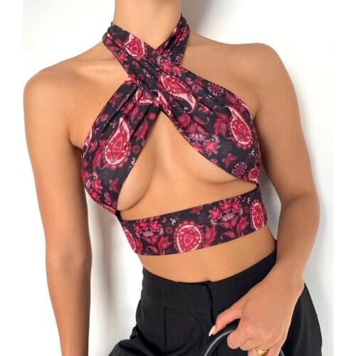 Sexy Wrapped Chest Vest Female Ladies Floral Printed/Contrast Color Halter Neck Tie-Up Slim Sleeveless Wild Chic Tank Tops