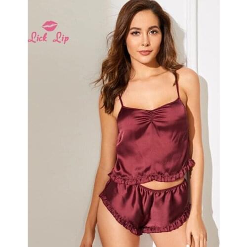Lick Lip Women Pajamas Sets Satin Summer Sleepwear Ladies Lotus Leaf Edge Patchwork Nightwear Sling Top And Short SWD19687-40