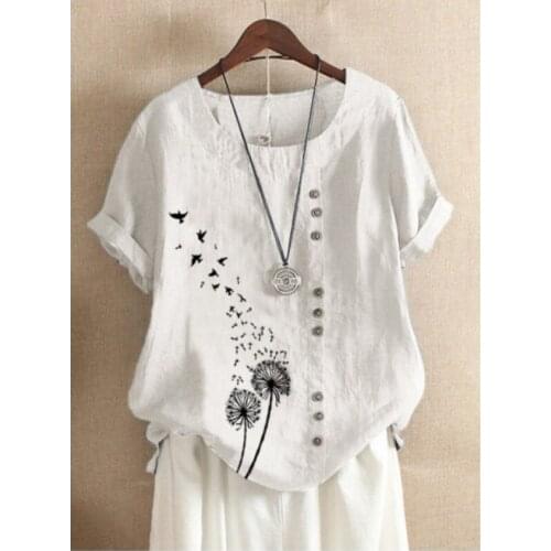 2021 Cotton Linen Print Loose Short Sleeve Casual Women Discount in Limited Time New Arrival