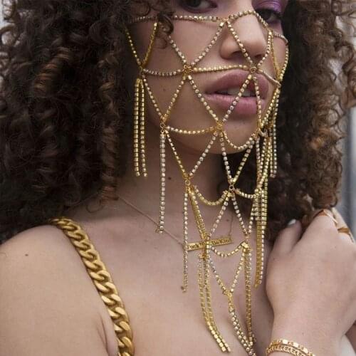 Luxury Design Hollow Out Metal Alloy Jewelry Mask Women Sexy Rhinestone Tassel Fringe Mask Night Cllub Female Sexy Body Jewelry