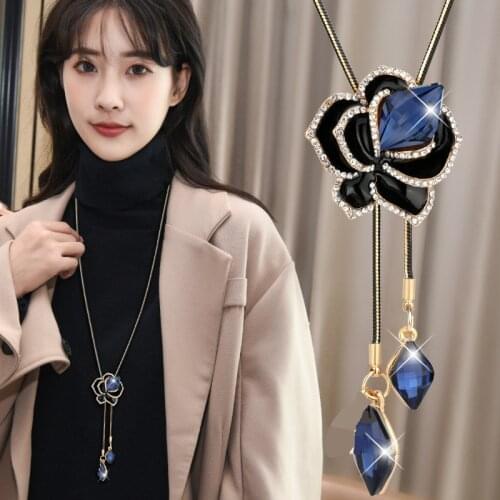 Blue Rose Long Adjustable Necklaces&Pendants for Women Fashion Crystal Tassel Choker Necklace Female Collier Femme Party Jewelry