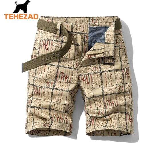 TEHEZAD 2021 Mens Summer New Classic Casual Vintage Pocket Cargo Shorts Mens Fashion Plaid Striped Pure Cotton Shorts Men