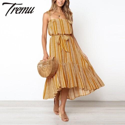 TREMU Square Collar Long Dress Spaghetti Strap for Women 2021 Summer Sleeveless Striped Casual Maxi Dress