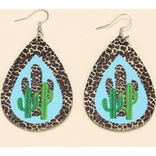 Cactus PU Leather Dangle Drop Earrings Leopard Leather Drop Earrings for Woman Girl Gifts Fashion Jewelry Wholesale