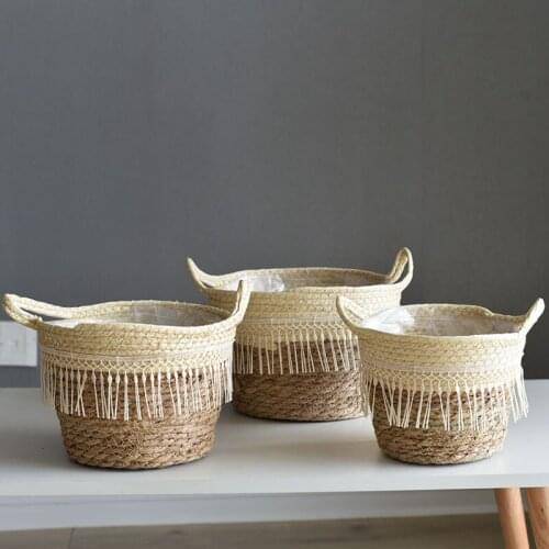Plant Basket Handmade Seagrass Flower Pot Storage Basket Rattan Straw Home Garden Wave Pattern Planter Pots Laundry Bucket