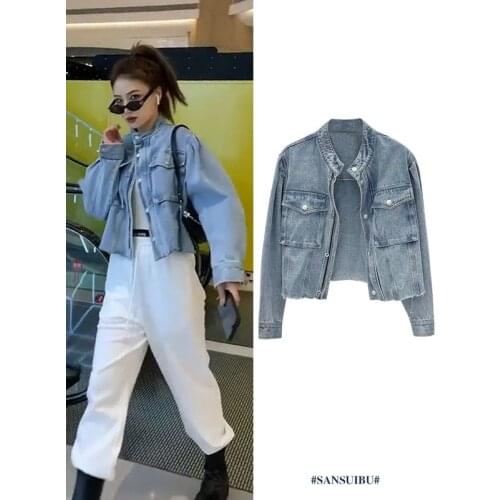 Retro Short Denim Jacket Women Stand Collar Pocket Single-breasted Blue Washed Motorcycle Jean Jackets 2021 spring new