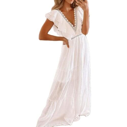 Hot-Selling Fashion Good Quality Factory Price Womens 2021 Spring Summer New White Lace Sleeves Hollow V-Neck Long Dress