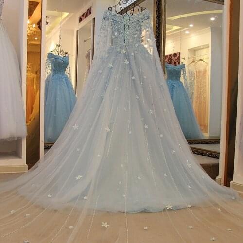 Vestido De Festa Romantic 3D Floral Princess Prom Dresses Light Sky Blue Applique Pearls Stunning Beauty Evening Party Dress