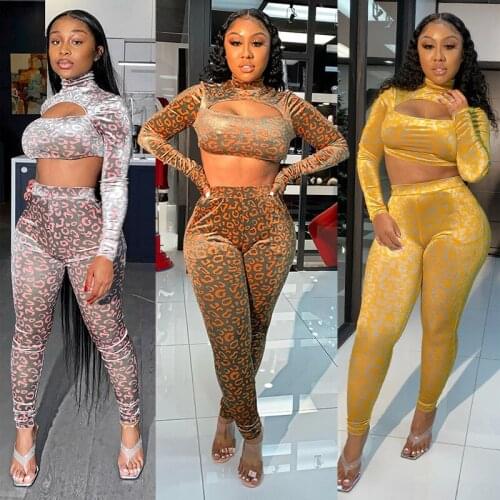 Echoine Fall Women Sexy Leopard Sweatsuit Two Piece Set Crop Top Pants Set Active Tracksuit Matching Fitness Outfit Street Sets