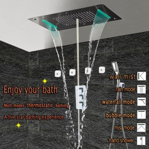 Multi-Function Concealed Thermostatic Complete Shower System with Shut-off valve LED Ceiling Shower Head Waterfall Wall Mist SPA