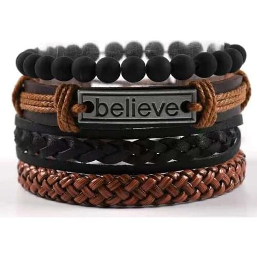 1pcs MenS Retro Punk Style Leather Woven Bracelets English Lettering Multilayer Wide Wrap Jewelry Bracelet Ethnic Tribal Wristb