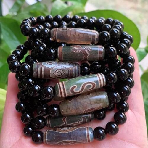 Natural Tibetan Dzi Bracelet Reiki Buddha Guanyin Ruyi Dragon Eyes Agat Beads Healing Black Agates Strand Bracelets Women Men
