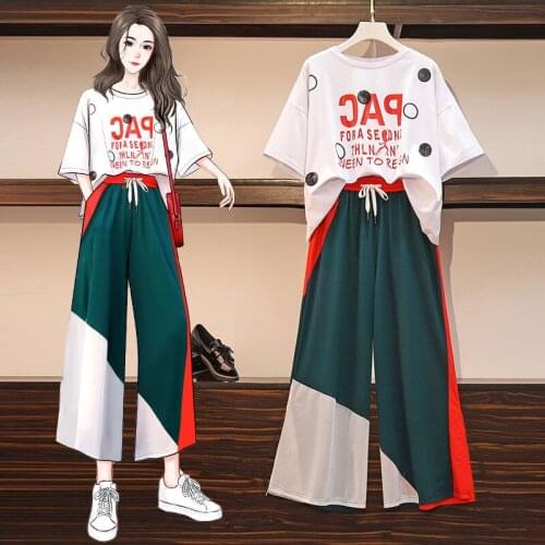 2021 Summer New Womens Suit Fashion Wide-leg Pants Two-piece Female Student Korean Loose Casual Short-sleeved T-shirt Set Women