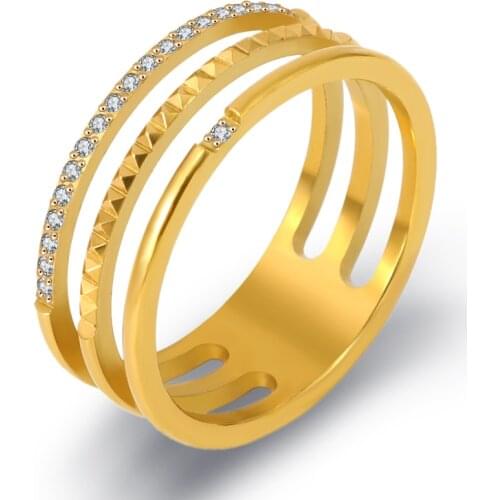 Hollow Three Layer Gear Micro Crystals Engagement Ring For Female Gold Wedding Rings Titanium Steel Ring Couple Finger Rings