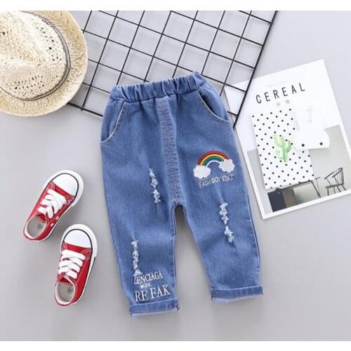 Autumn Toddlers Kids Boy Trousers With Letters Rainbow Print Denim Pant Baby Long Pants Trousers Bottoms