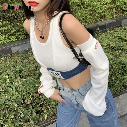 Autumn Off Shoulder Ribbed Y2k Knit Pullover Shirt Woman Chic Casual Crop Top Korean Streetwear Basic Sweater Kpop Female Tee