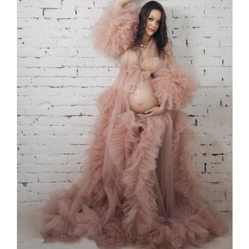 Pregnant Women Prom Dresses Sexy V Neck Long Sleeve Robes for Photo Shoot or Baby Shower Custom Made Maternity Tulle Fluffy Robe