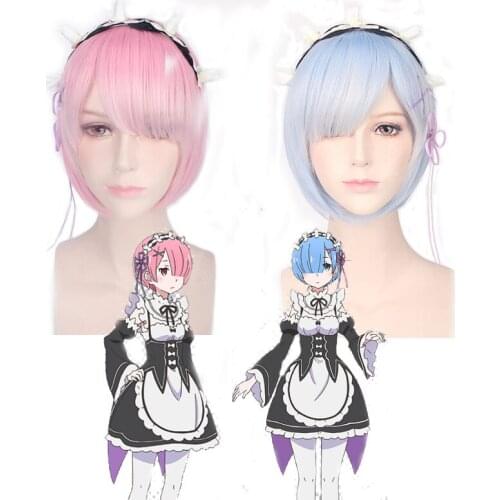 Re: Zero Start Life In Another World REM RAM Cosplay Wig Play Party Halloween With HairBand
