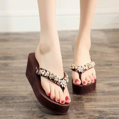 Slope With Flip Flops Female Summer Cute And Elegant Ladies Sandals Thick-Soled Colorful Rhinestone All-Match External Slippers